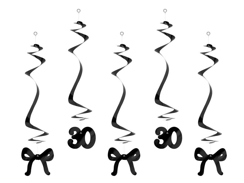 Hengende spiraler, 30-årsdag med sløyfer, svart, 50 cm: (5 stk)